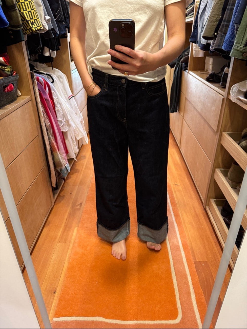 Uniqlo Women's Straight Leg Jeans in Dark Blue with Cuffed Hem